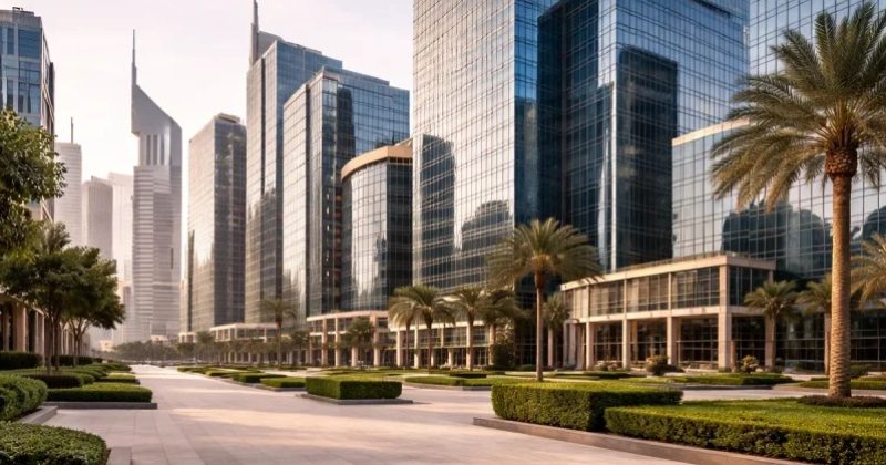Modern skyscrapers with palm trees.